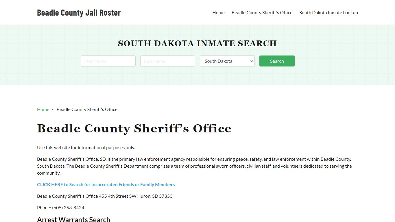 Beadle County Sheriff Office, SD, Arrest Warrants Search