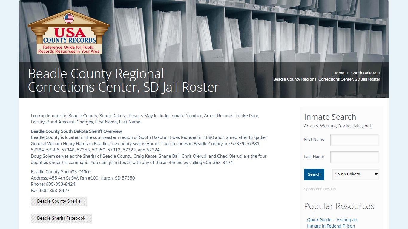 Beadle County Regional Corrections Center, SD Jail Roster